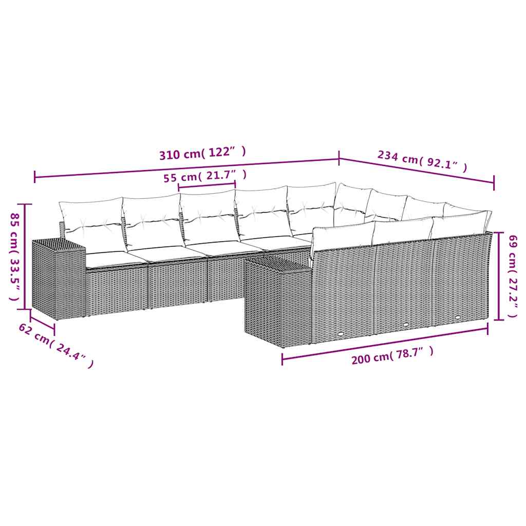Ensemble de canapé de jardin 10 pcs avec coussins marron résine tressée