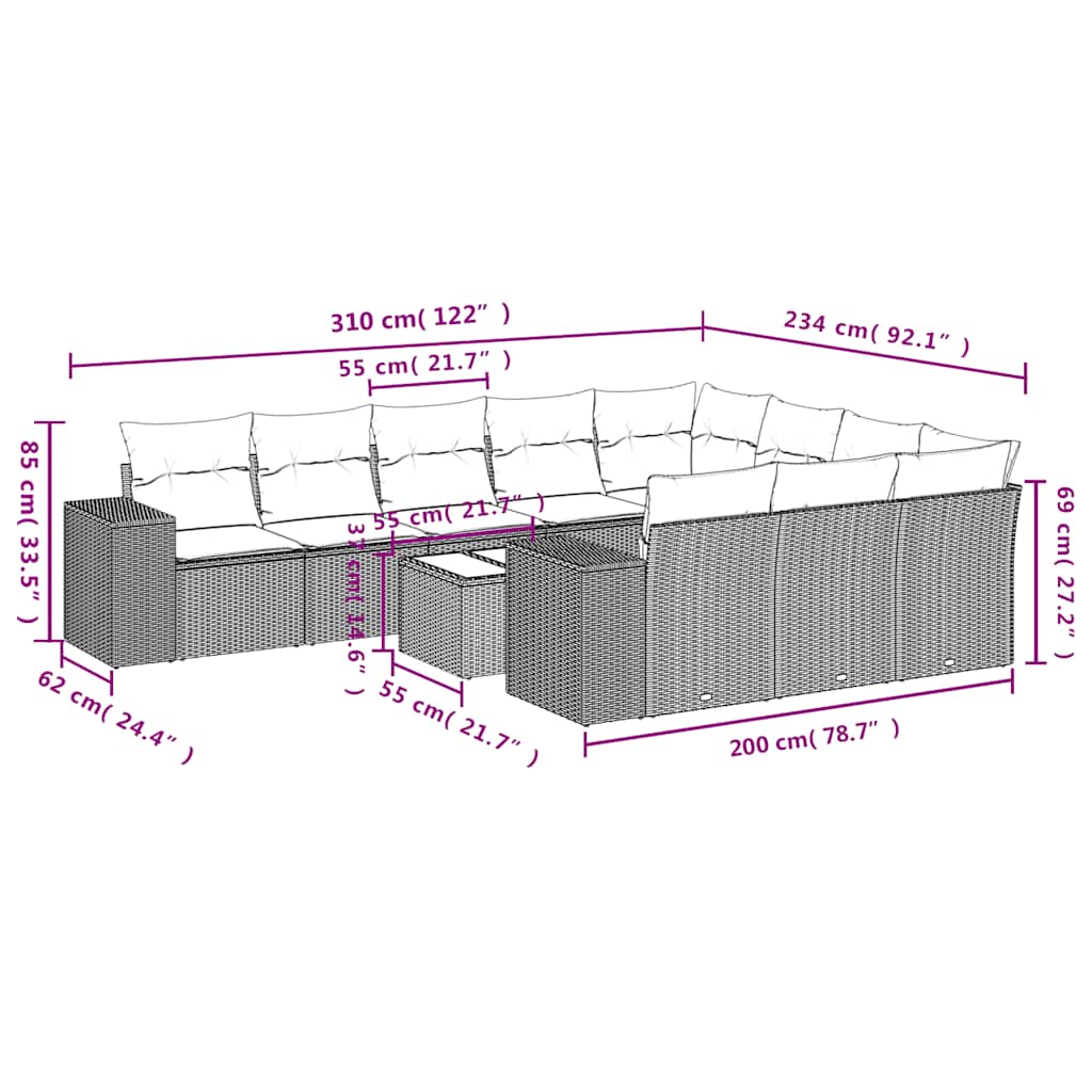 Ensemble de canapé de jardin 11 pcs avec coussins marron résine tressée