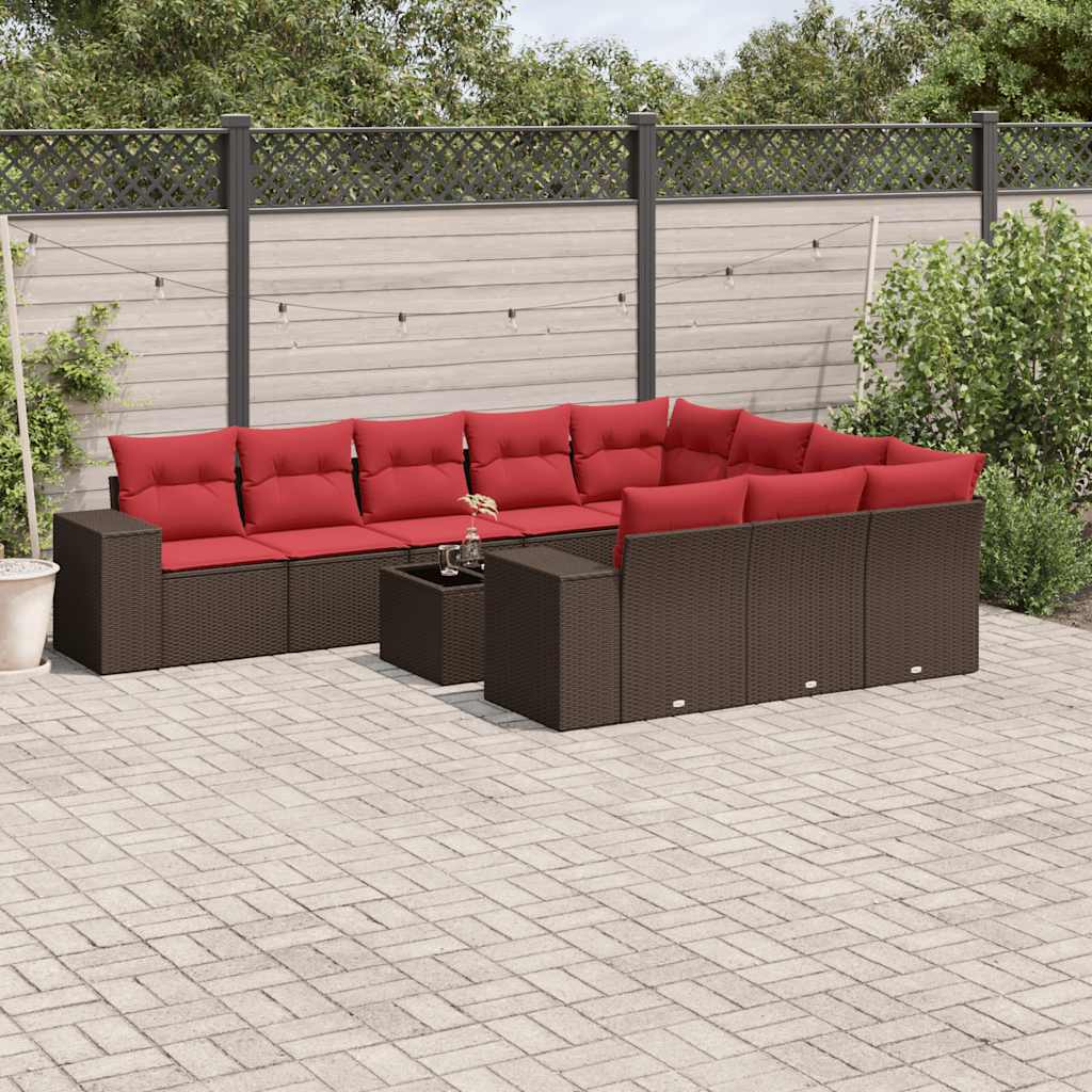 Ensemble de canapé de jardin 11 pcs avec coussins marron résine tressée