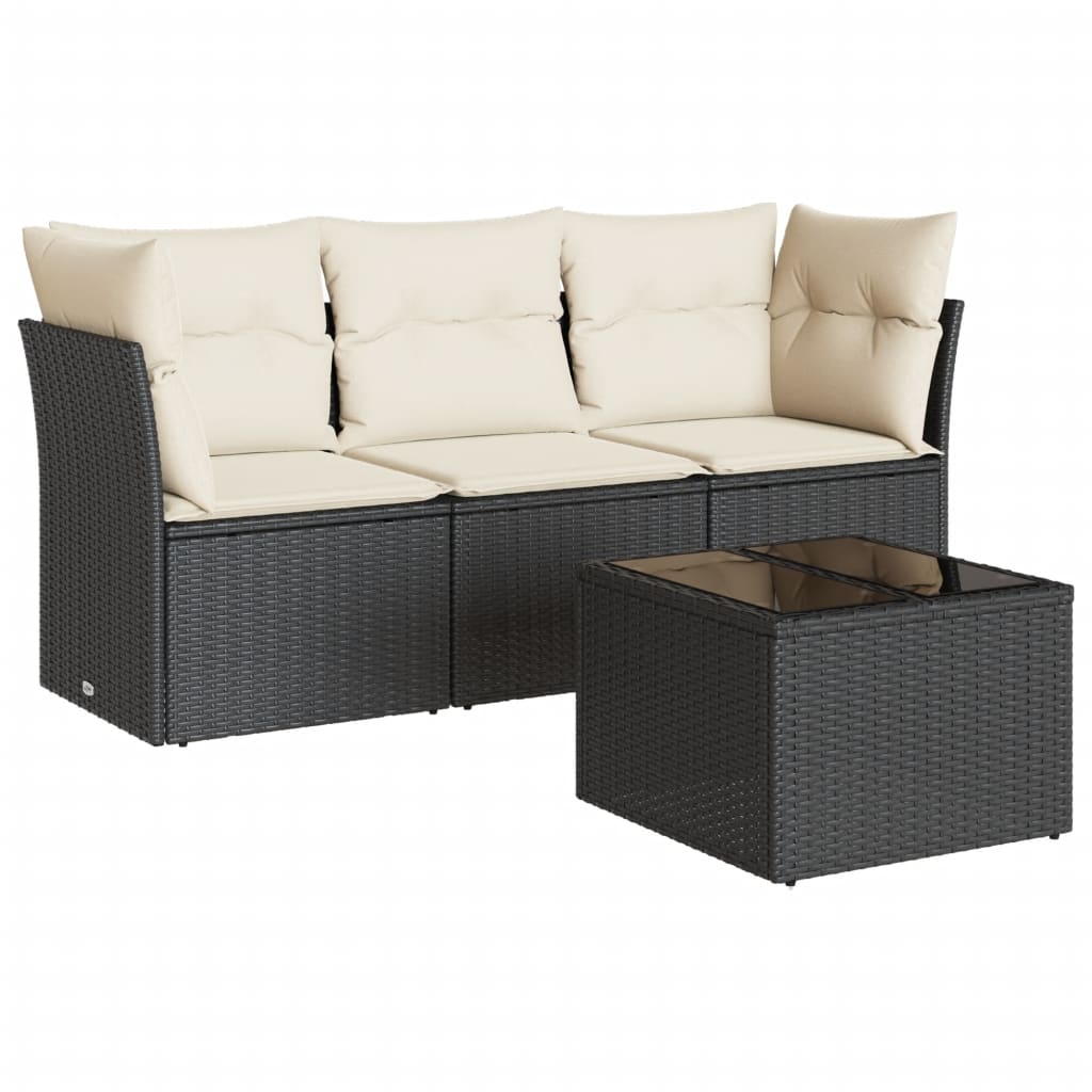 Salon de jardin 4 pcs avec coussins noir résine tressée