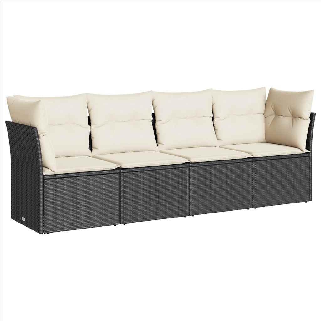 Salon de jardin 4 pcs avec coussins noir résine tressée