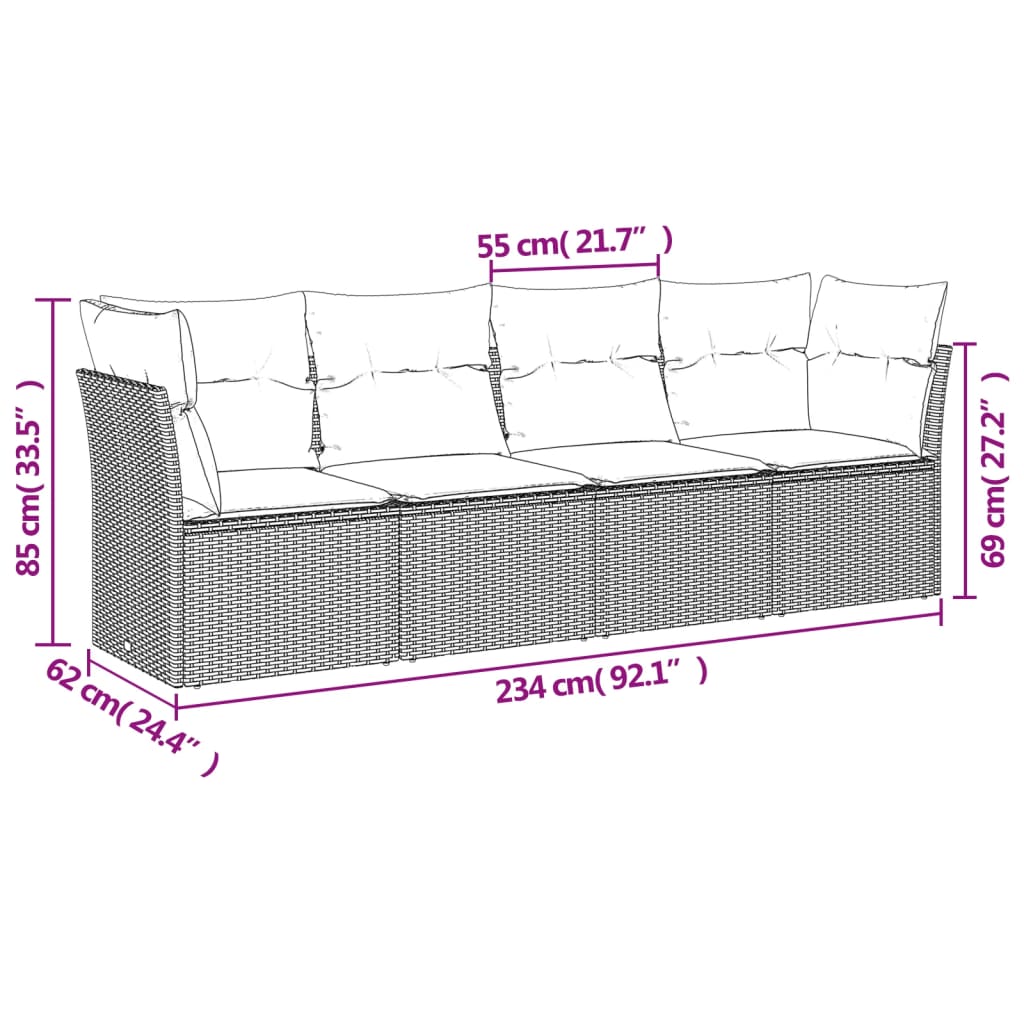 Salon de jardin 4 pcs avec coussins gris résine tressée