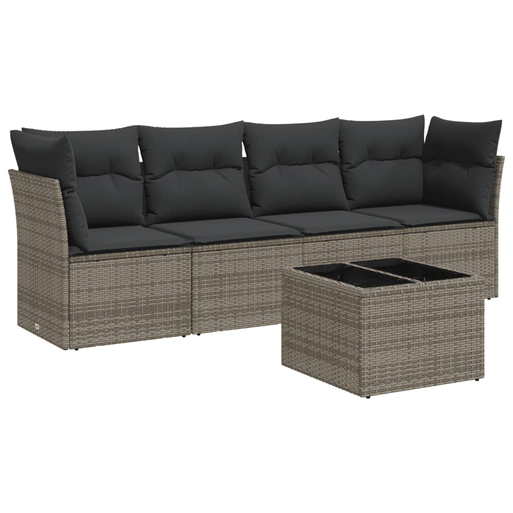Salon de jardin 5 pcs avec coussins gris résine tressée