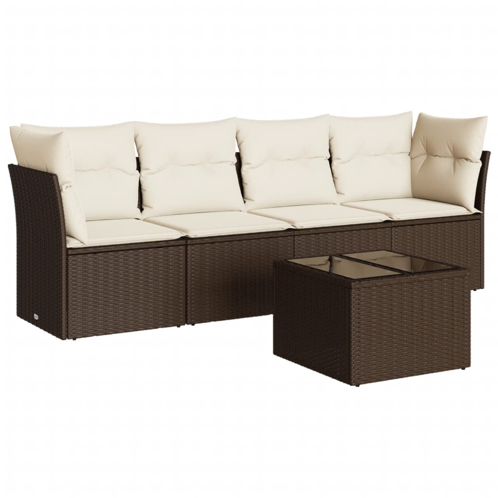 Salon de jardin avec coussins 5 pcs marron résine tressée
