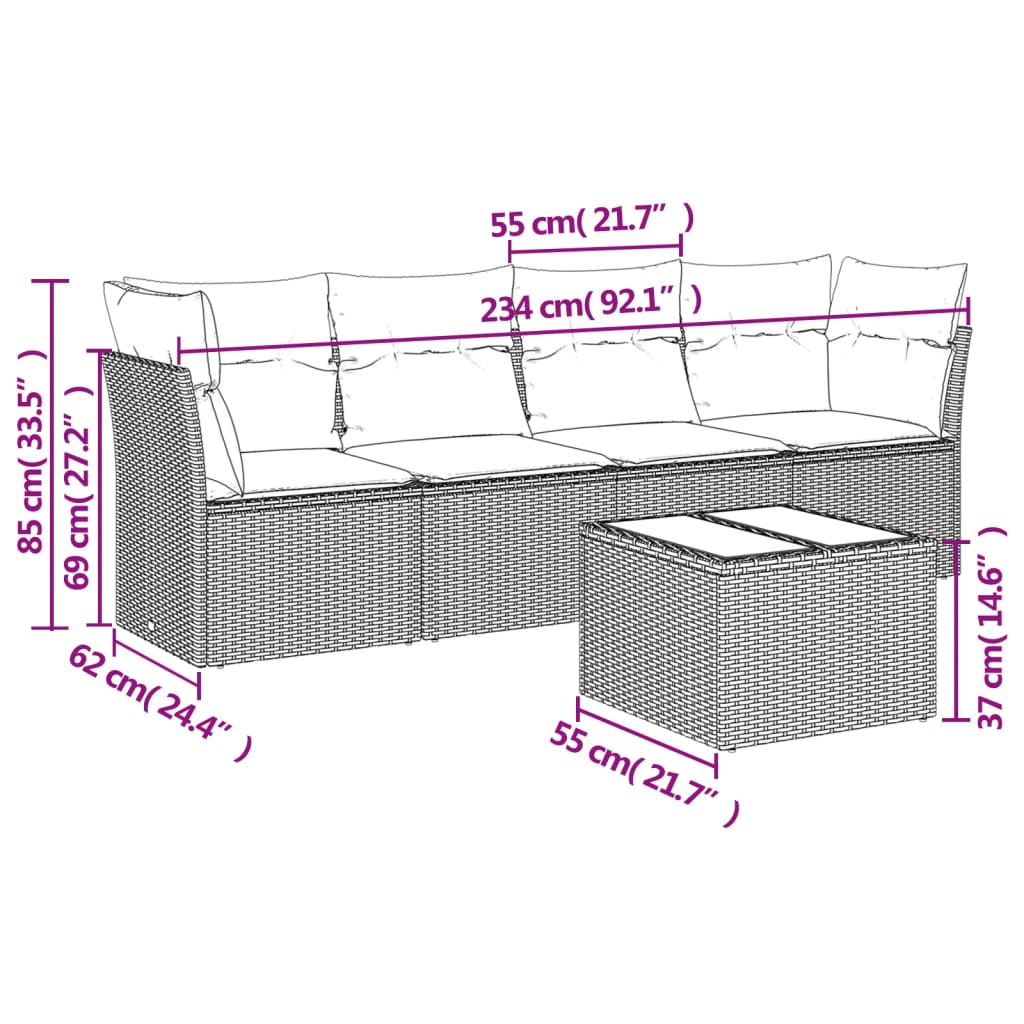 Salon de jardin avec coussins 5 pcs marron résine tressée