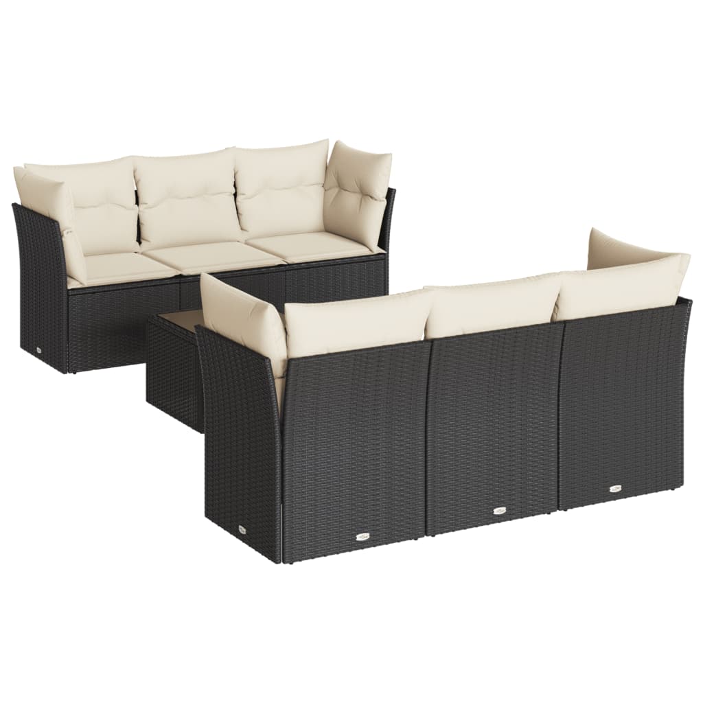 Salon de jardin 7 pcs avec coussins noir résine tressée