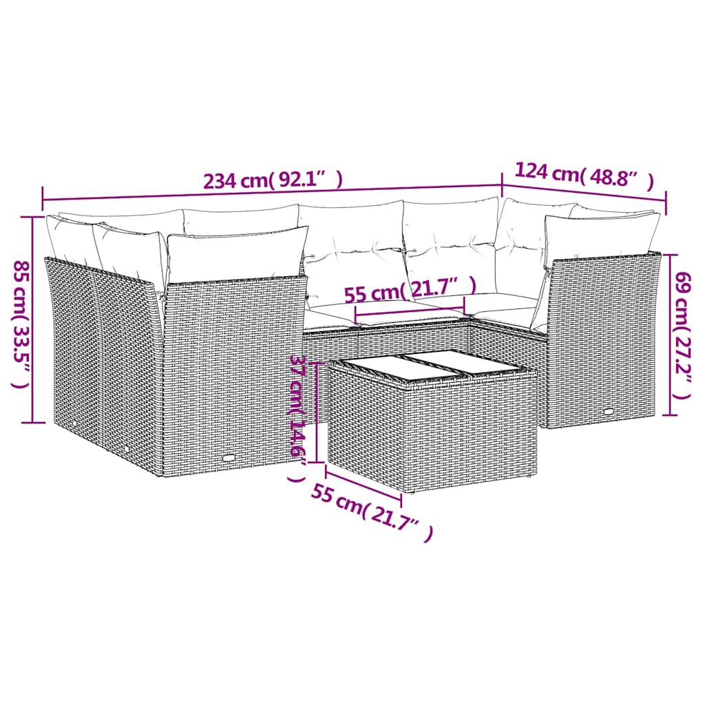 Salon de jardin avec coussins 7 pcs gris résine tressée