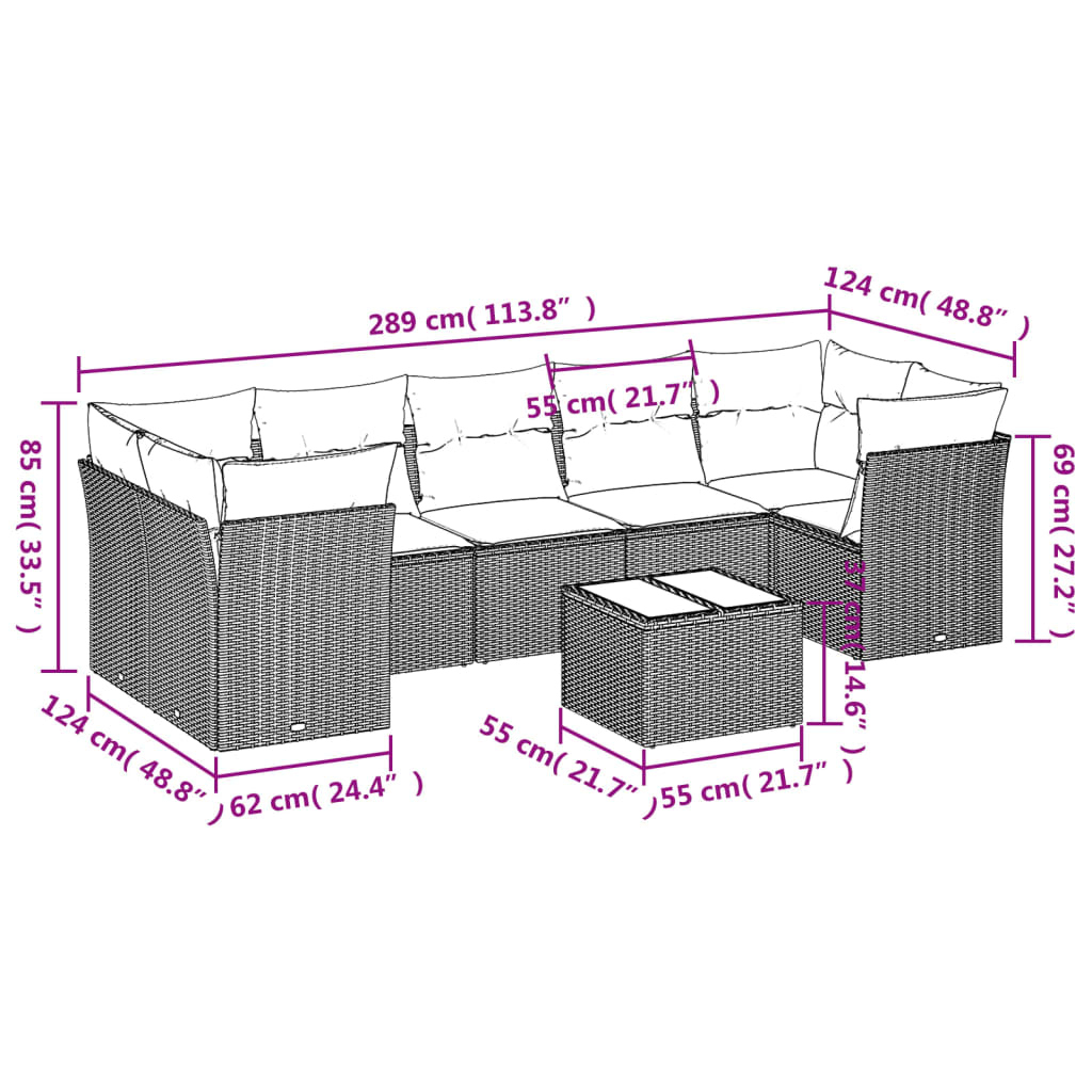 Salon de jardin 8 pcs avec coussins marron résine tressée