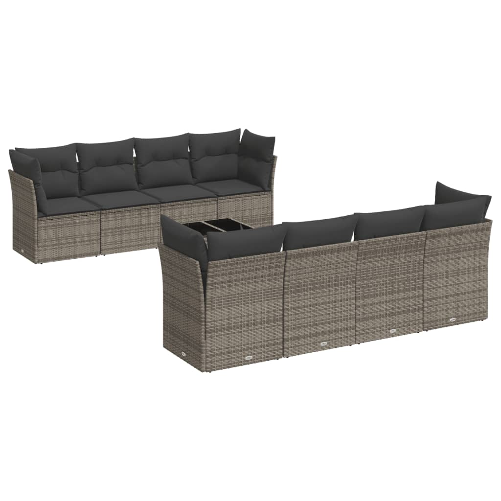 Salon de jardin 9 pcs avec coussins gris résine tressée
