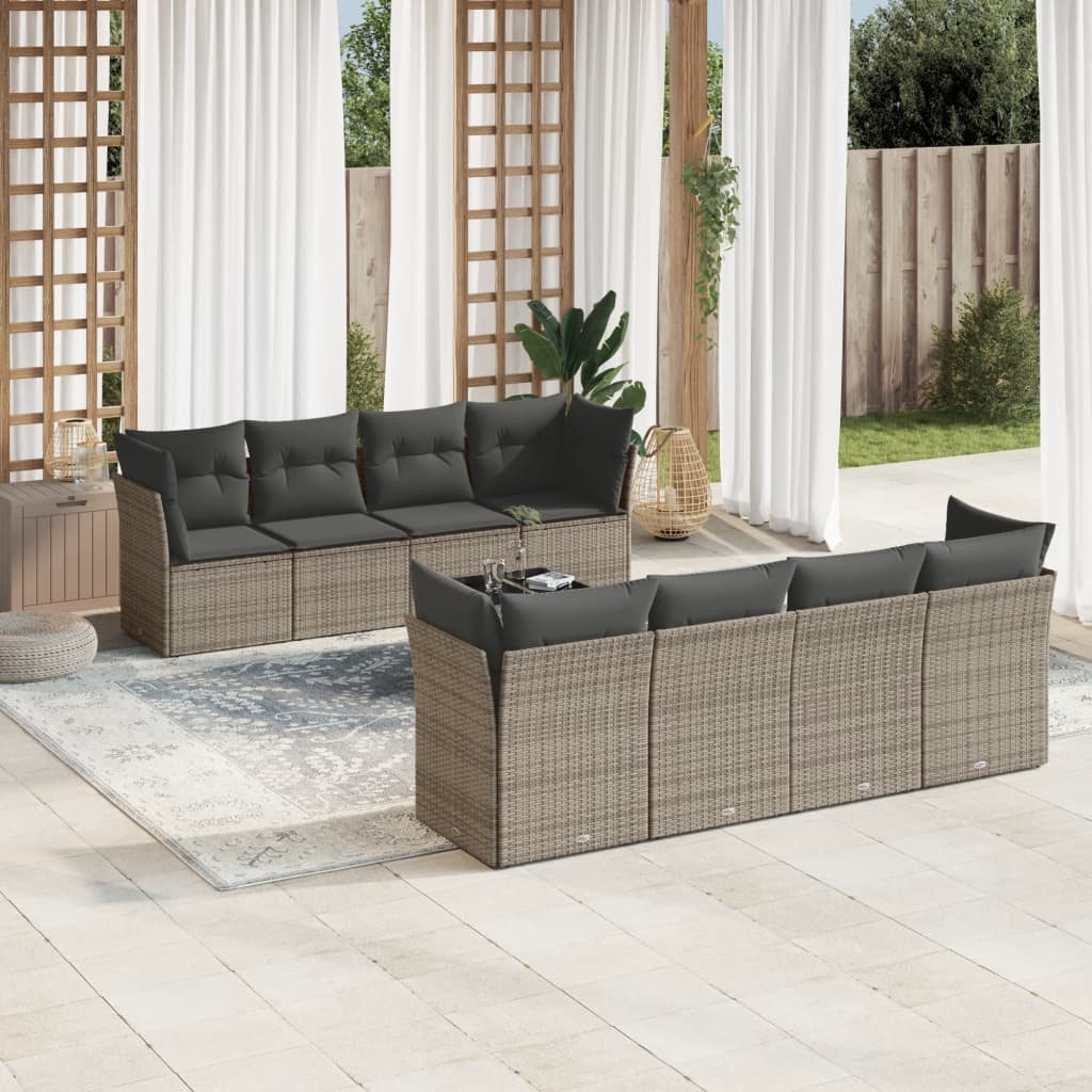 Salon de jardin 9 pcs avec coussins gris résine tressée