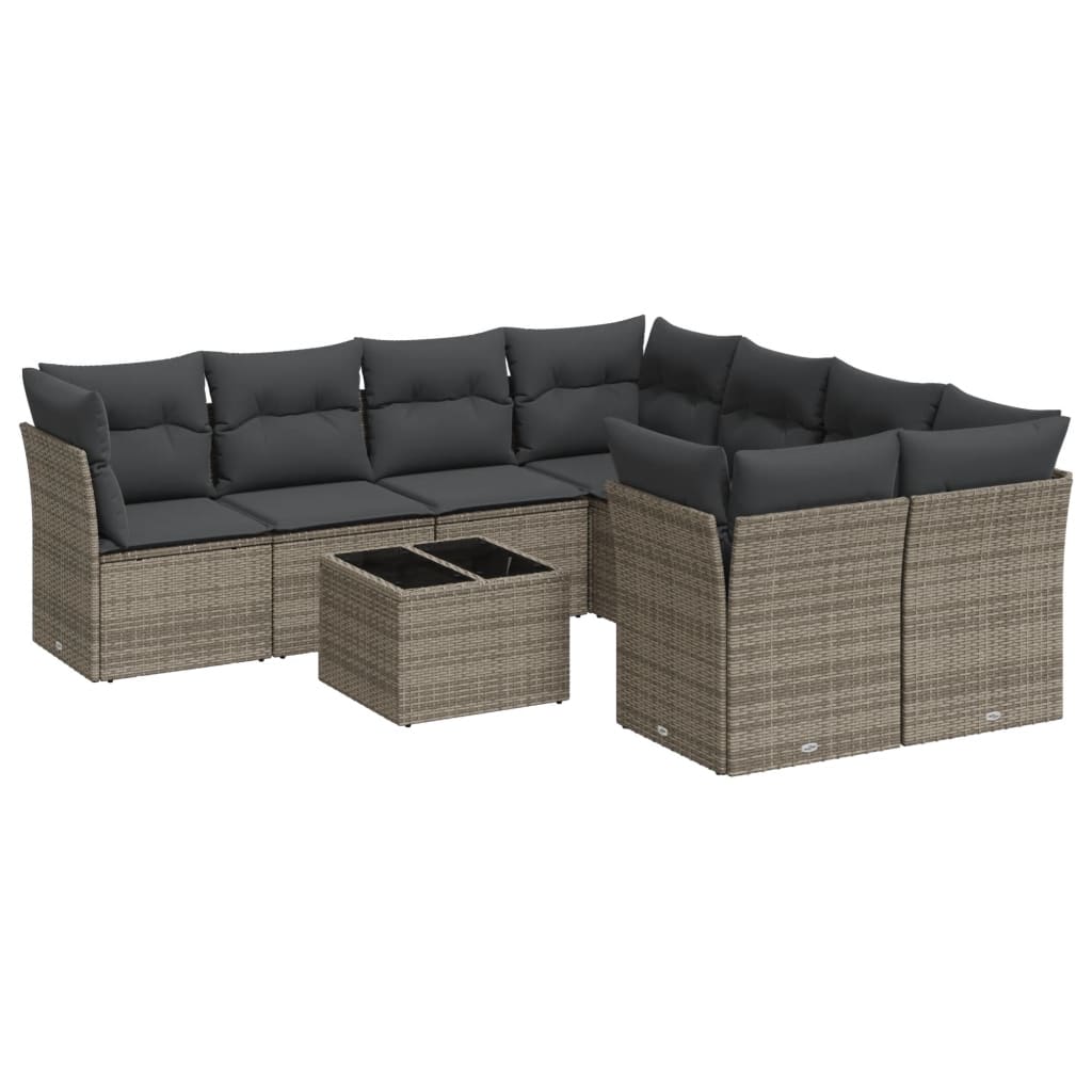 Salon de jardin 9 pcs avec coussins gris résine tressée