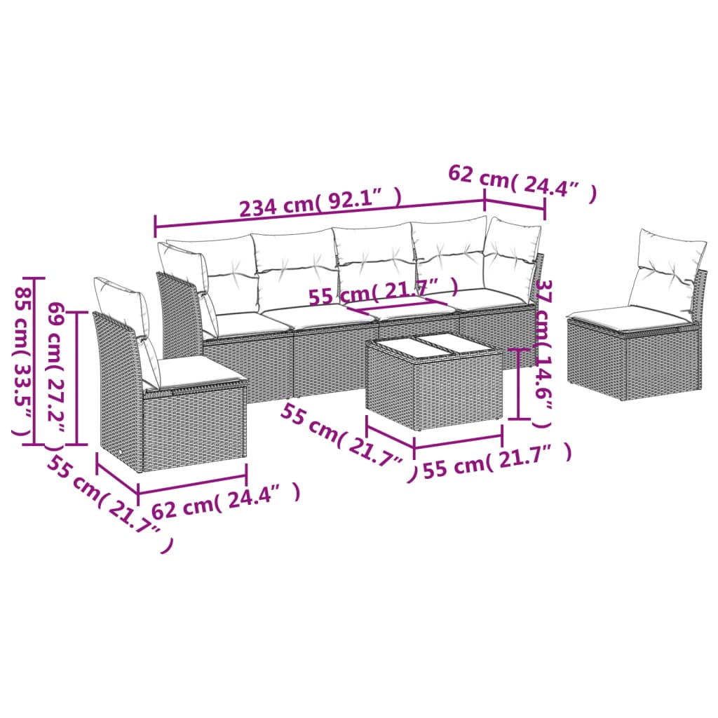 Salon de jardin avec coussins 7 pcs gris clair résine tressée