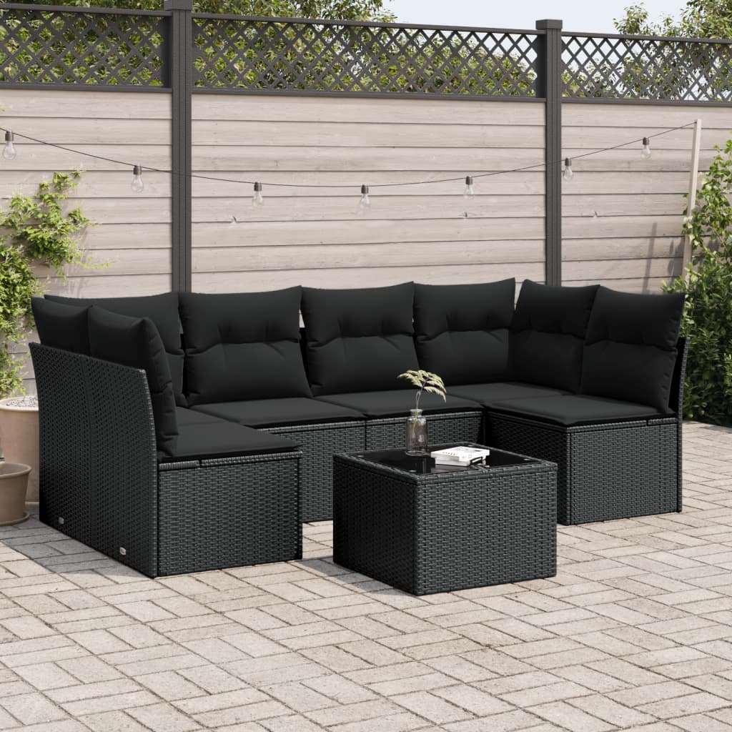 Salon de jardin 7 pcs avec coussins noir résine tressée
