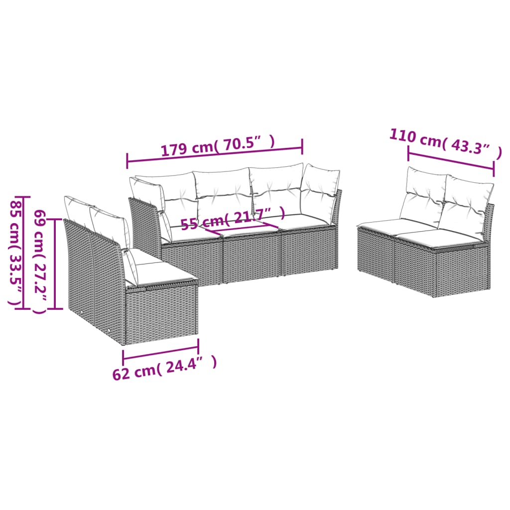 Salon de jardin avec coussins 7 pcs gris résine tressée