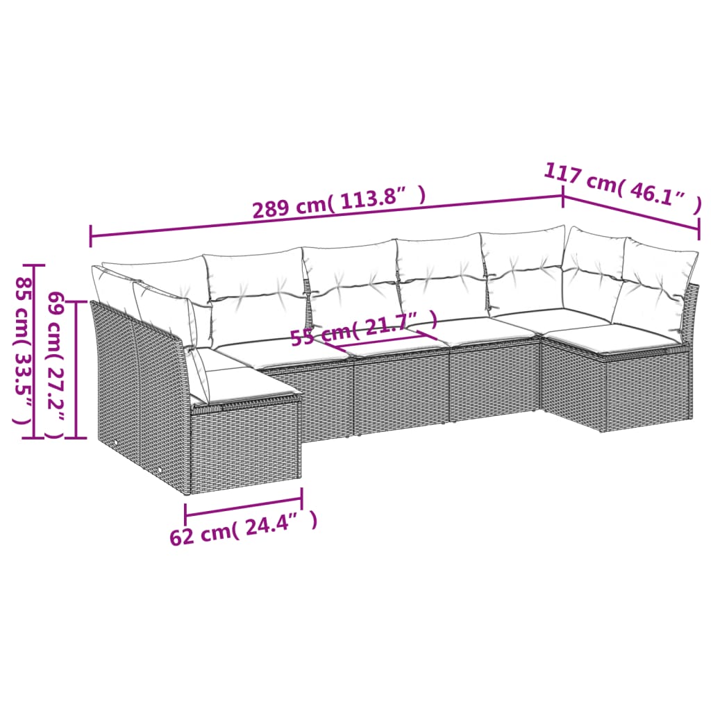 Salon de jardin avec coussins 7 pcs gris résine tressée