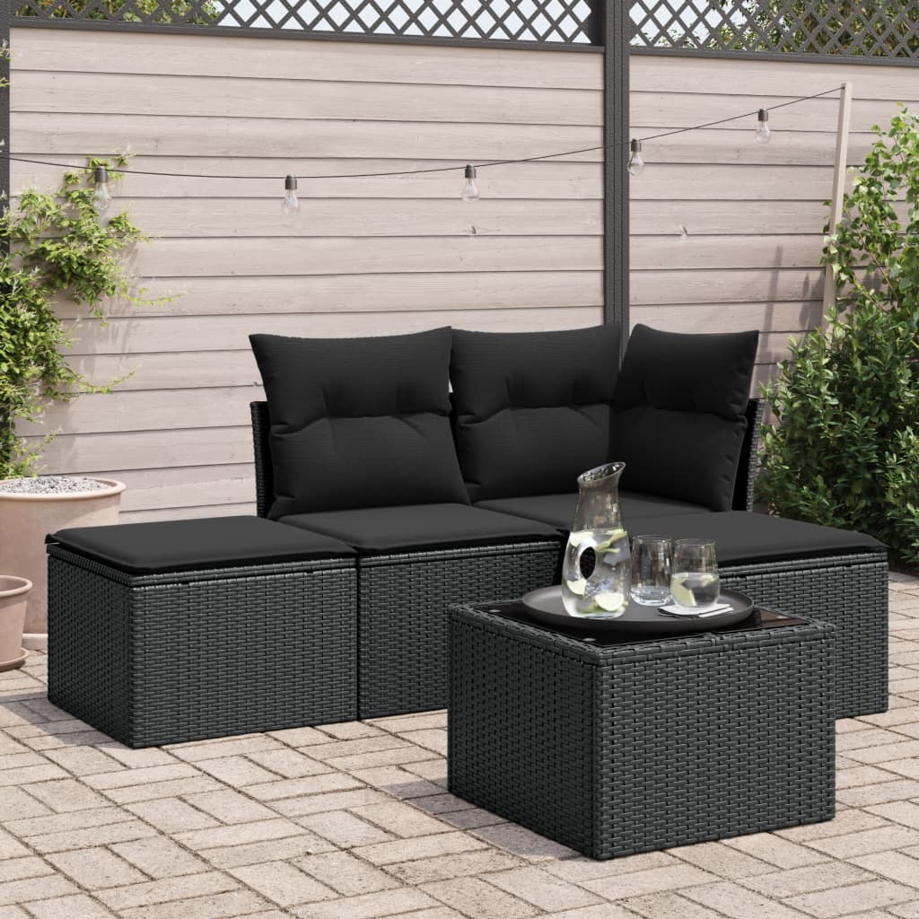 Salon de jardin 5 pcs avec coussins noir résine tressée