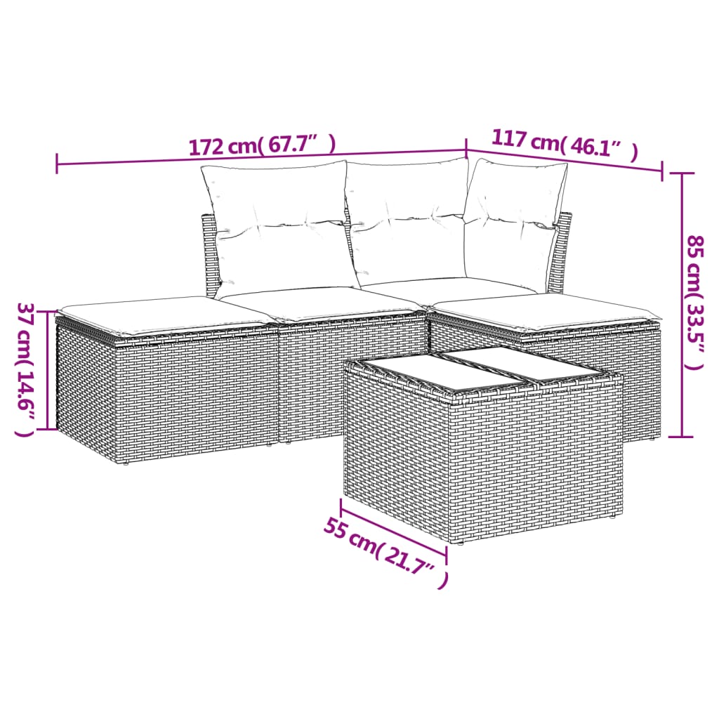 Salon de jardin avec coussins 5 pcs marron résine tressée