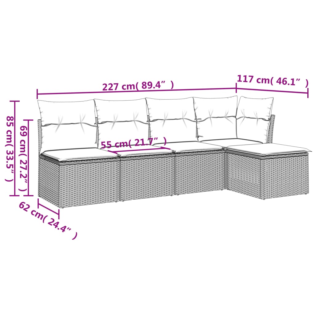 Salon de jardin 5 pcs avec coussins gris résine tressée
