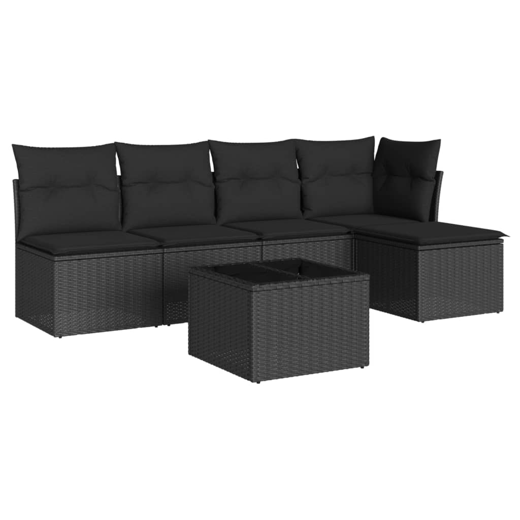 Salon de jardin 6 pcs avec coussins noir résine tressée