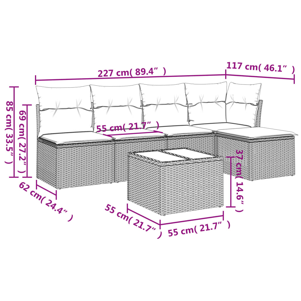 Salon de jardin 6 pcs avec coussins gris résine tressée