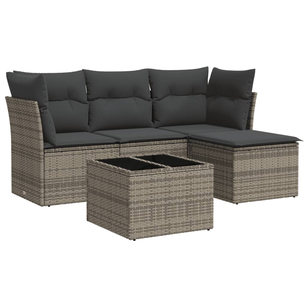Salon de jardin 5 pcs avec coussins gris résine tressée