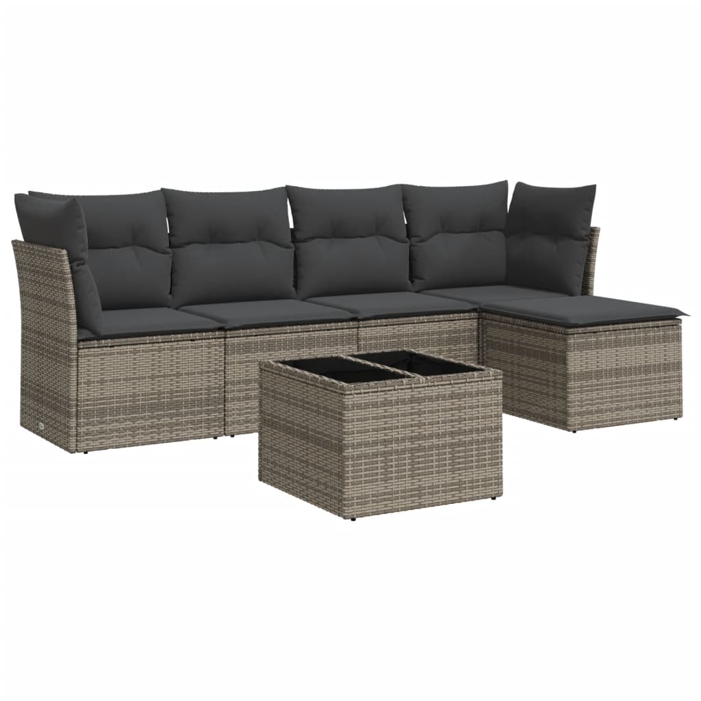 Salon de jardin 6 pcs avec coussins gris résine tressée