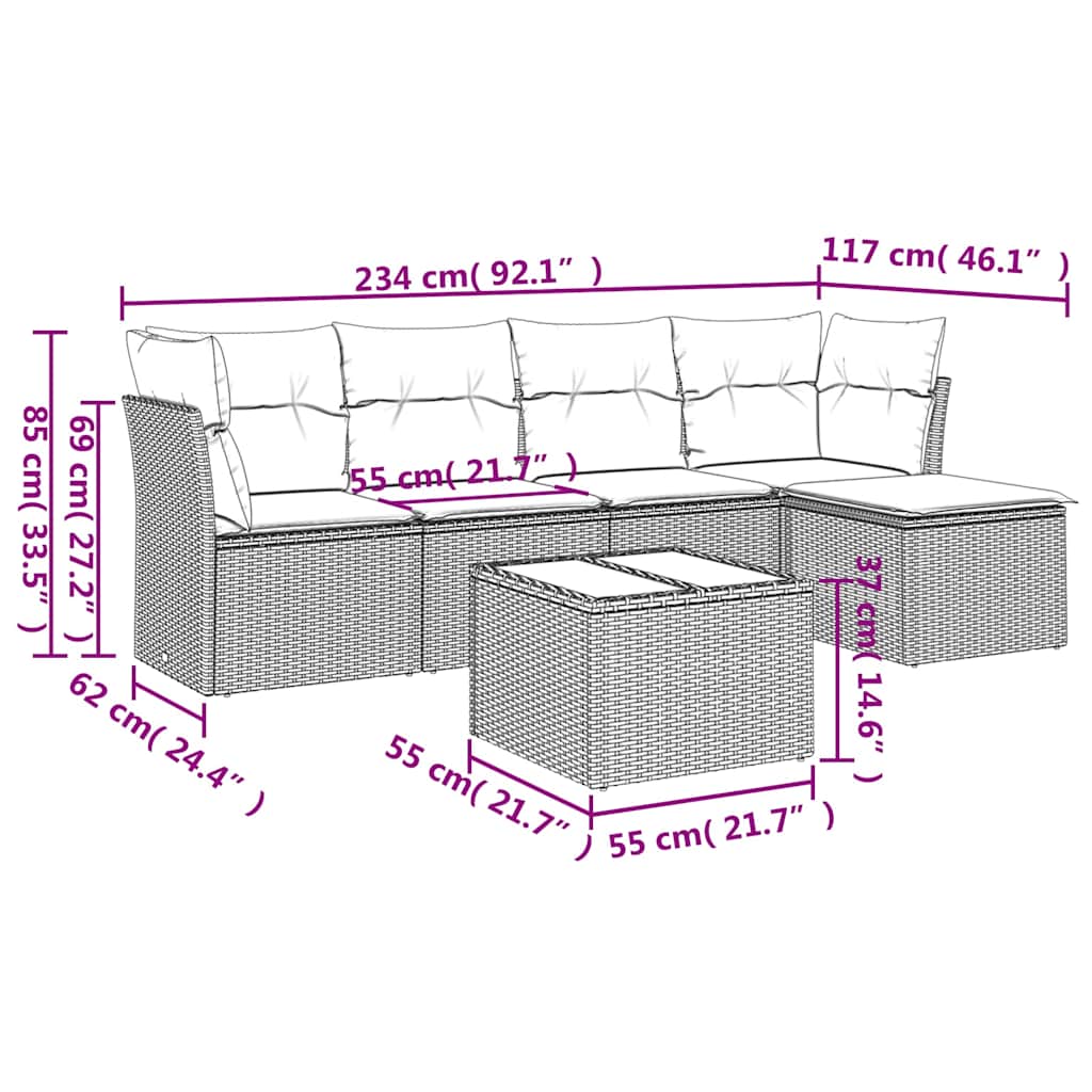 Salon de jardin 6 pcs avec coussins gris résine tressée