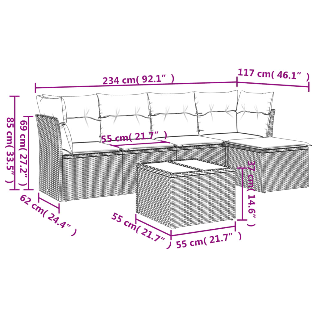Salon de jardin avec coussins 6 pcs marron résine tressée