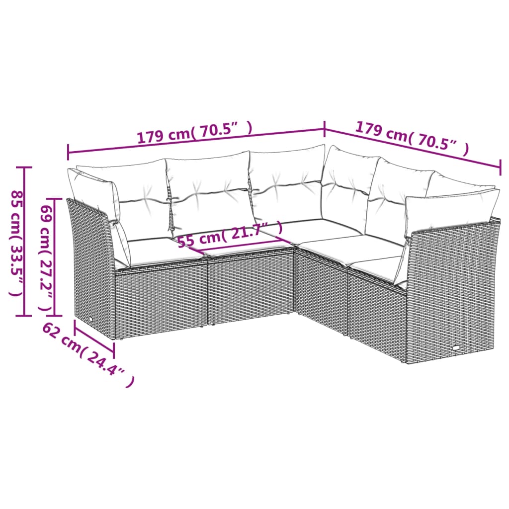 Salon de jardin 5 pcs avec coussins gris clair résine tressée