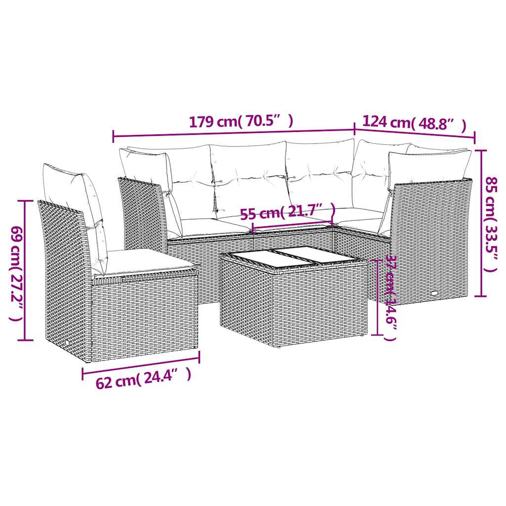 Salon de jardin avec coussins 6 pcs marron résine tressée