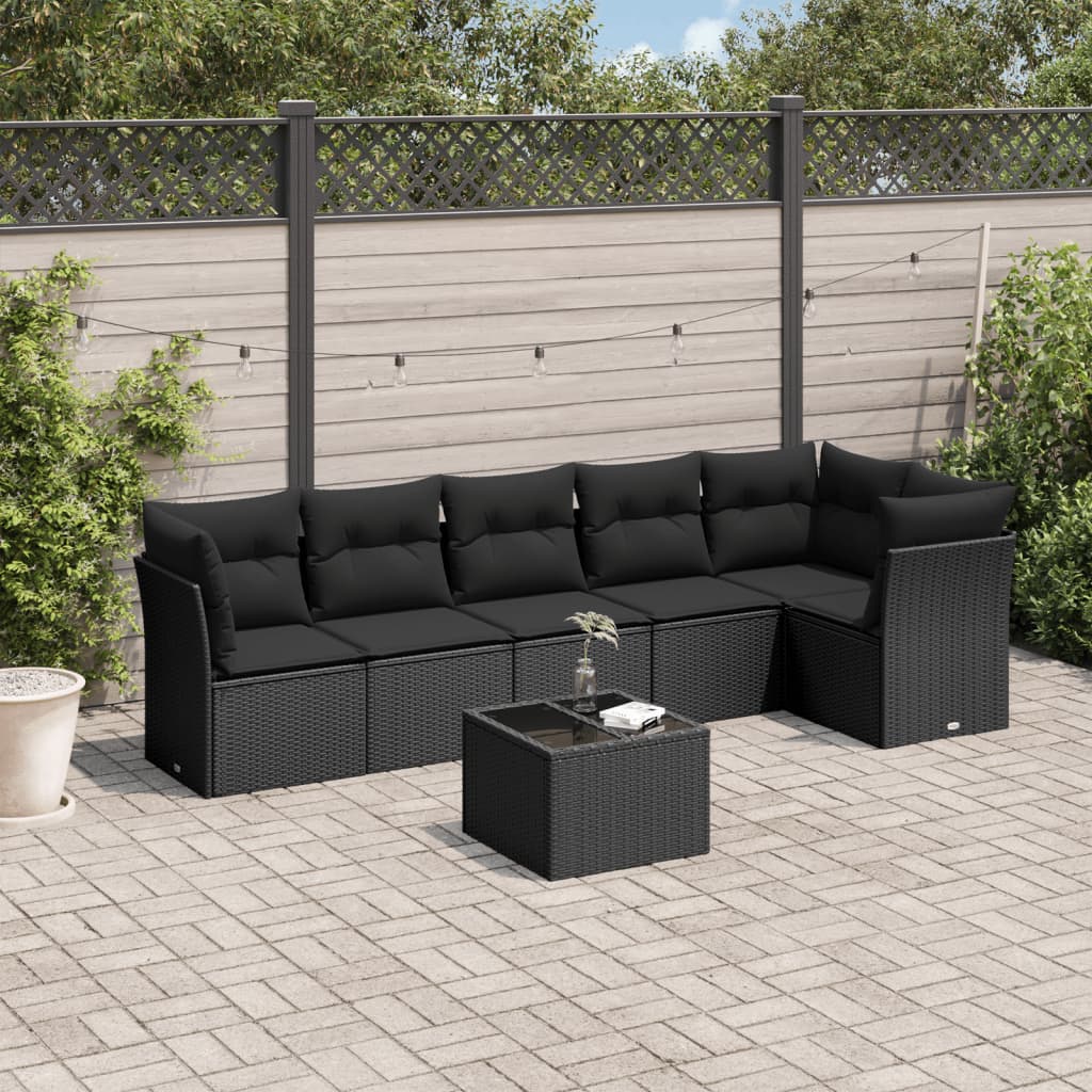 Salon de jardin 7 pcs avec coussins noir résine tressée