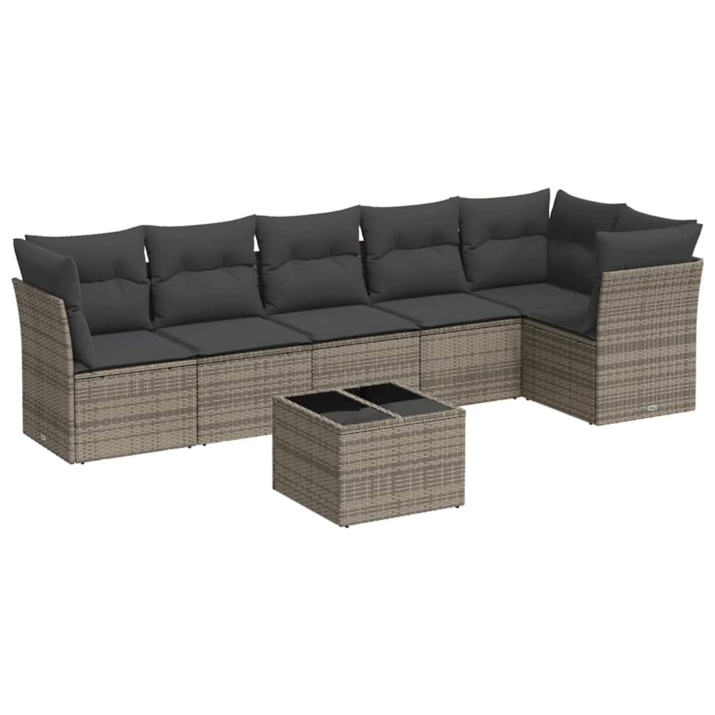 Salon de jardin avec coussins 7 pcs gris résine tressée