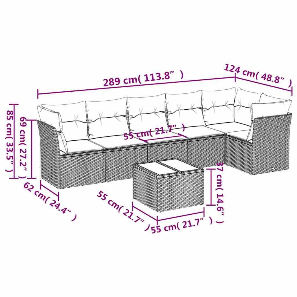 Salon de jardin avec coussins 7 pcs gris résine tressée