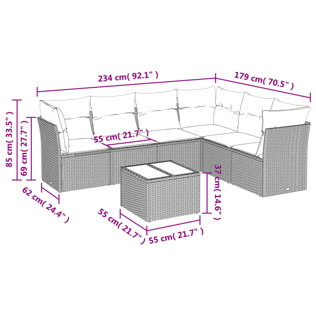 Salon de jardin 7 pcs avec coussins noir résine tressée