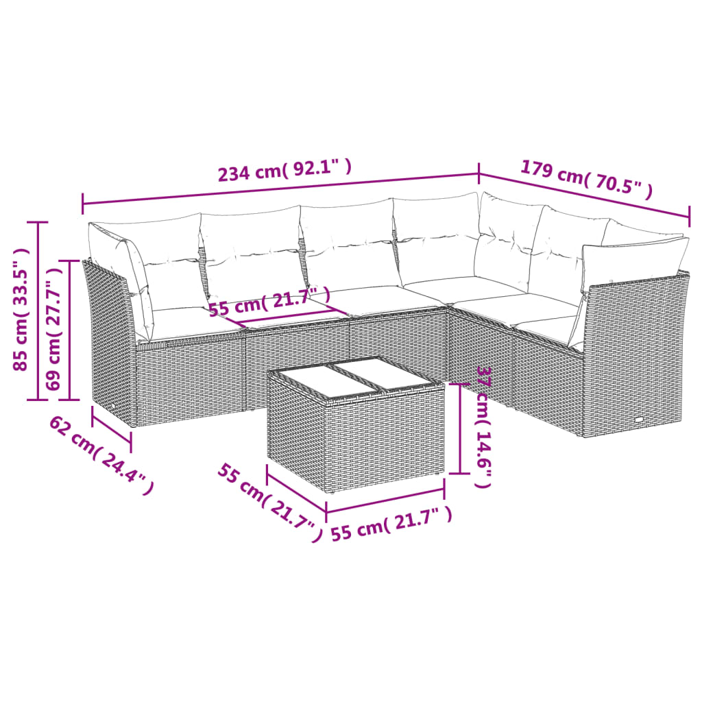 Salon de jardin 7 pcs avec coussins noir résine tressée
