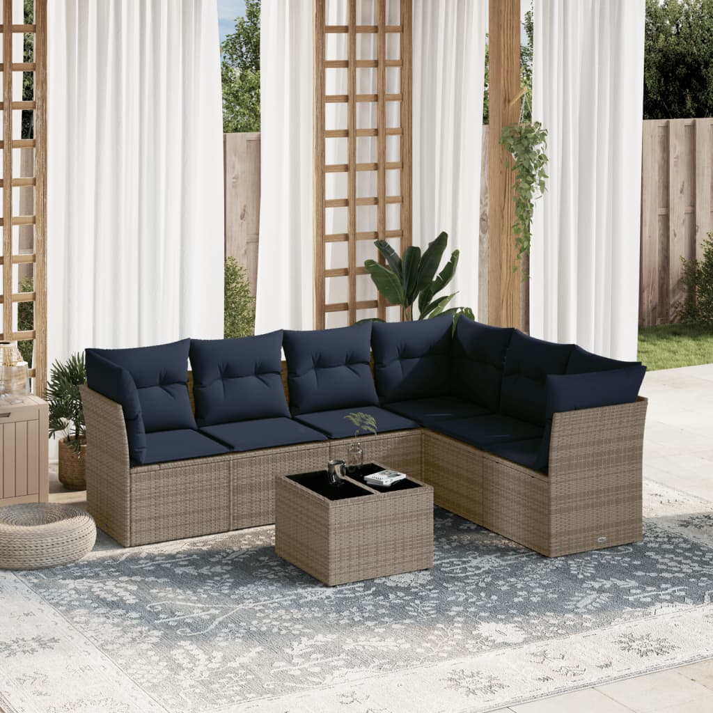 Ensemble de canapé de jardin 7 pcs avec coussins gris résine tressée