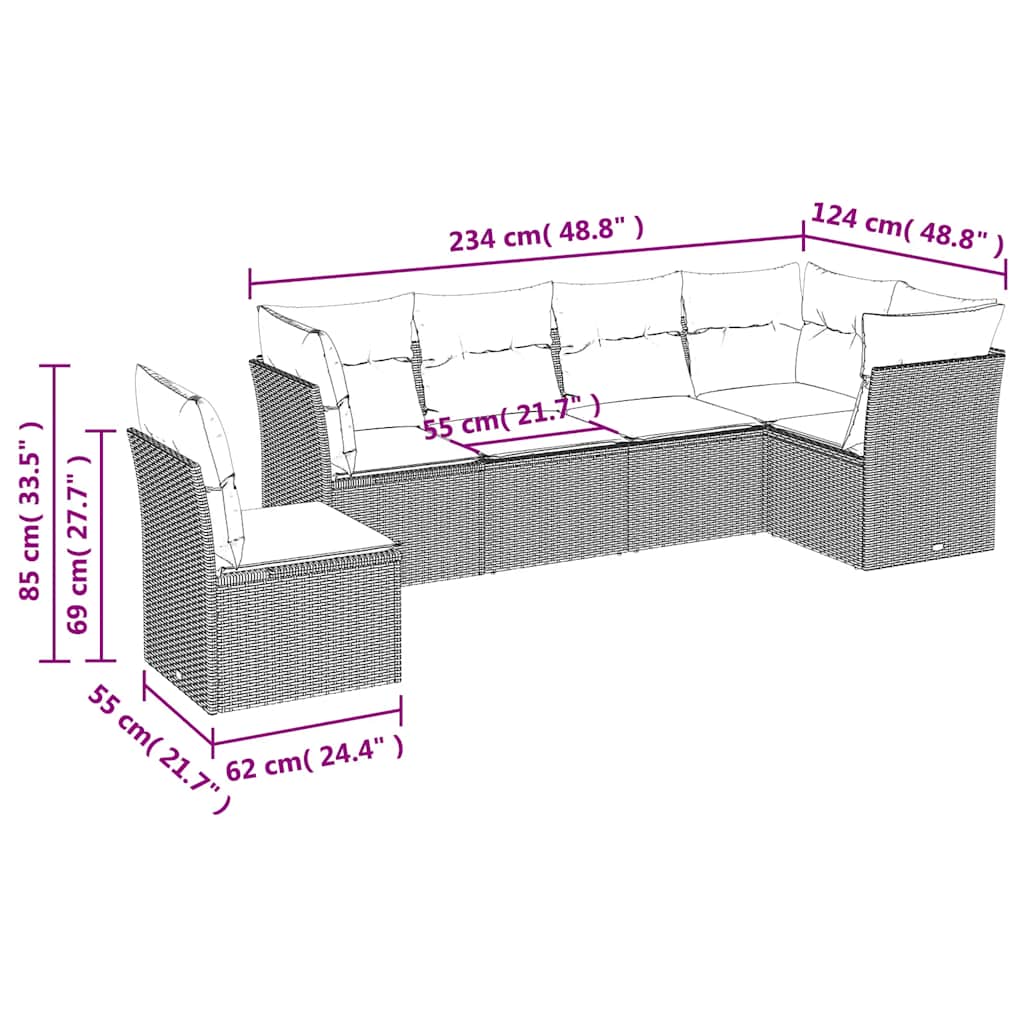 Salon de jardin 6 pcs avec coussins noir résine tressée