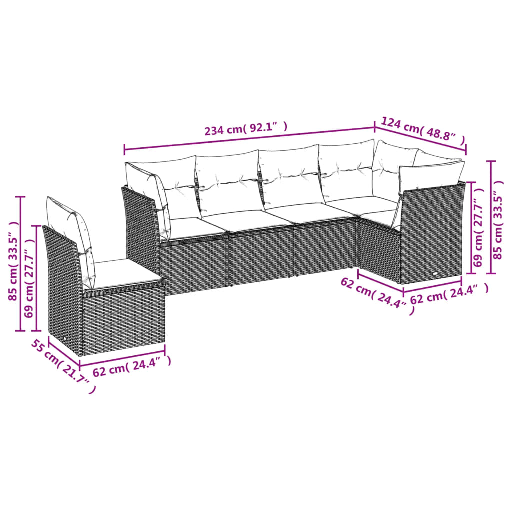 Ensemble de canapé de jardin 6 pcs avec coussins gris résine tressée