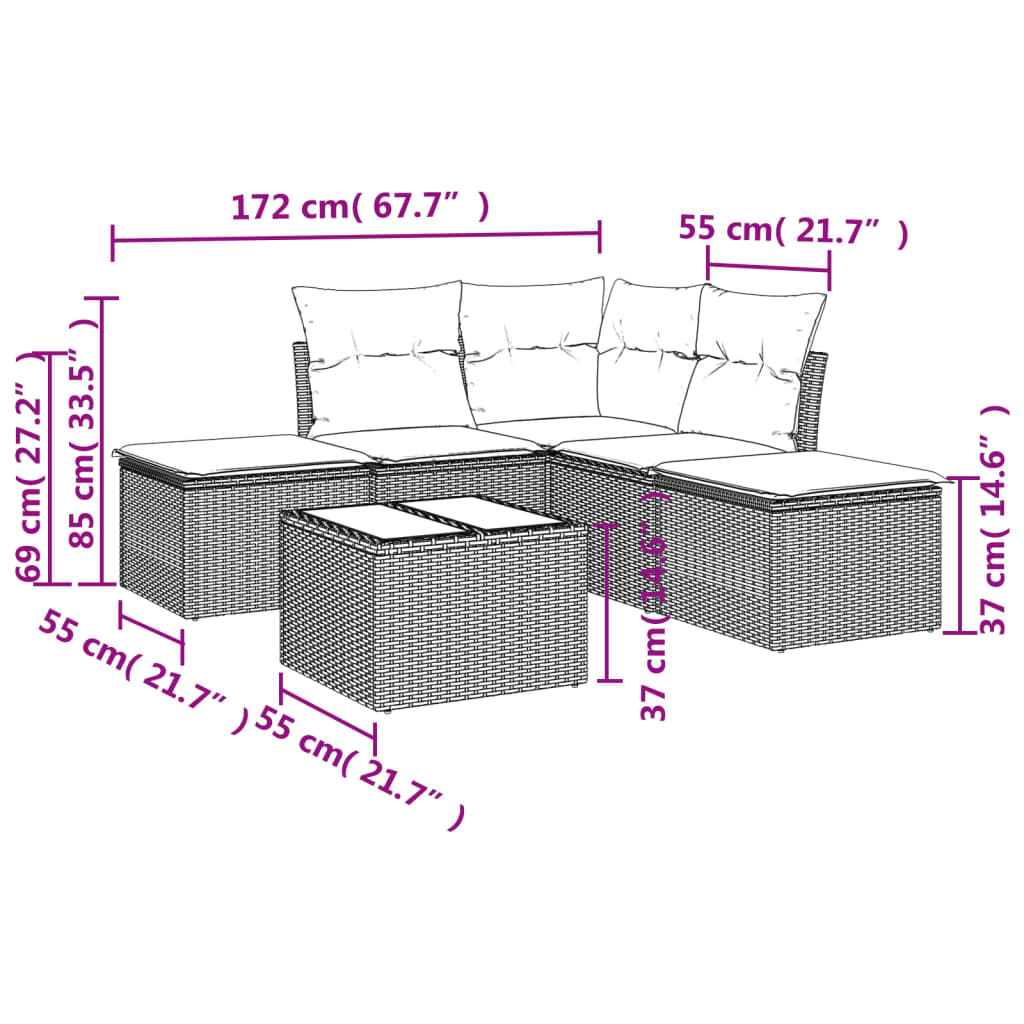 Salon de jardin avec coussins 6 pcs marron résine tressée