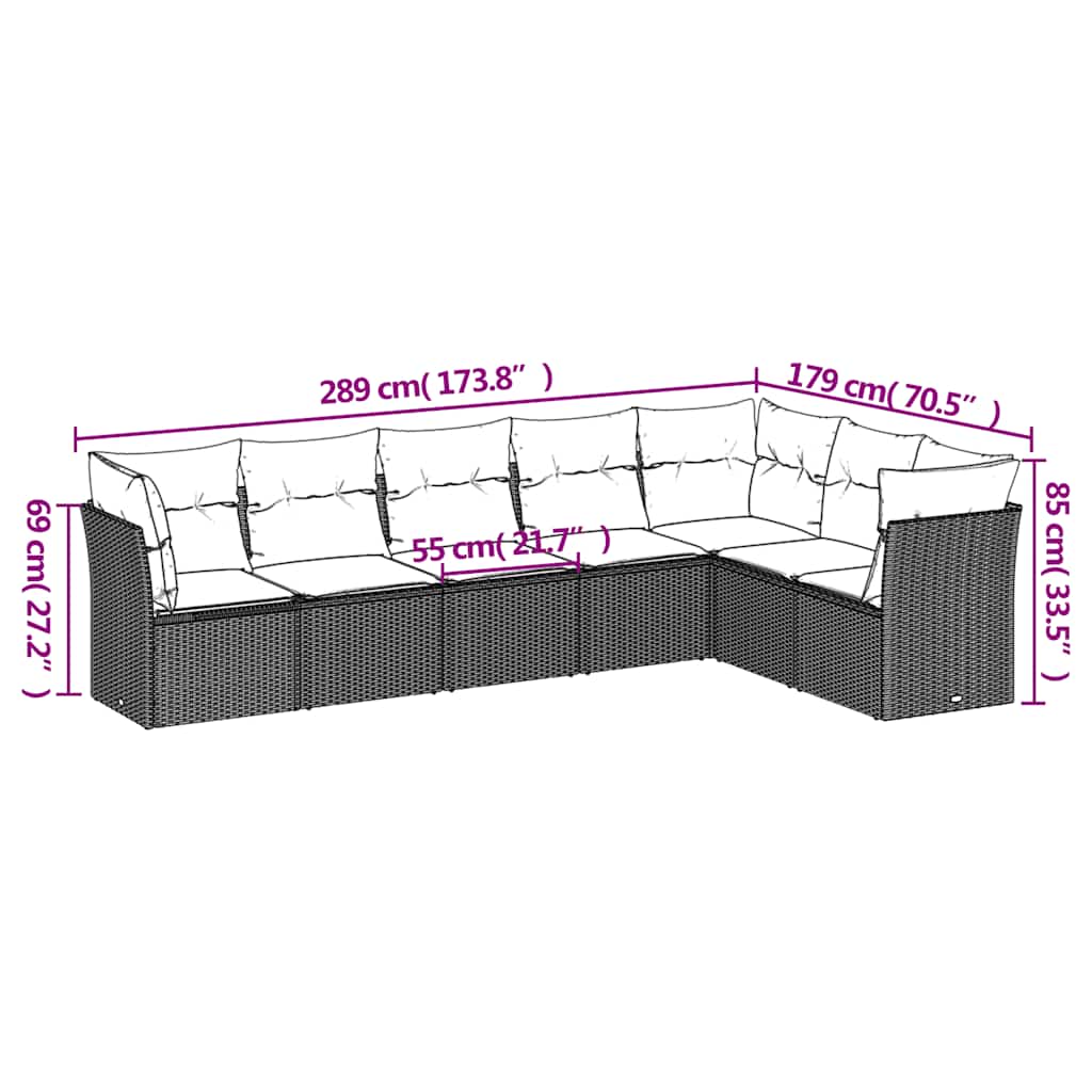 Salon de jardin 7 pcs avec coussins noir résine tressée