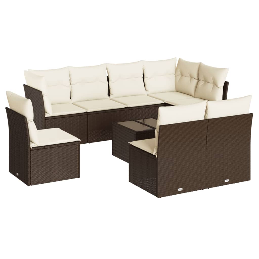 Salon de jardin avec coussins 9 pcs marron résine tressée