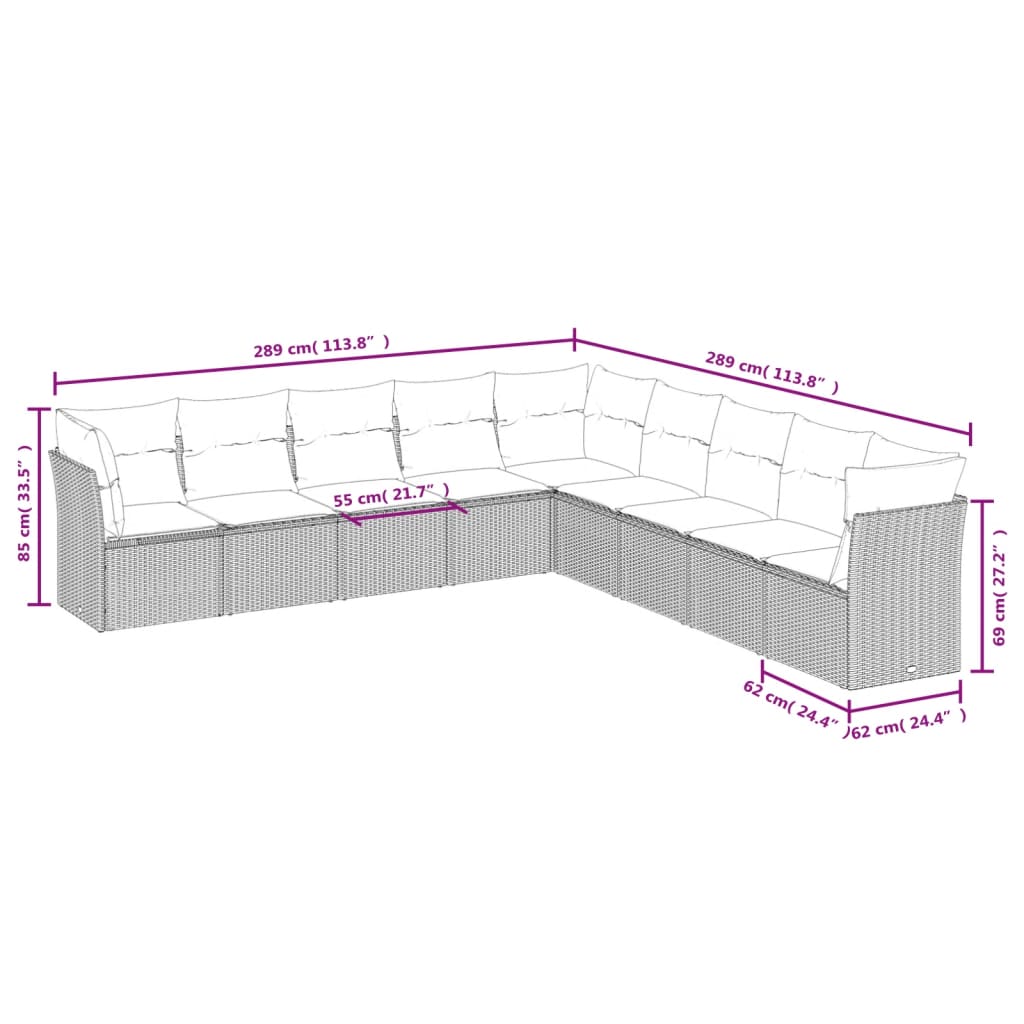 Salon de jardin avec coussins 9 pcs marron résine tressée