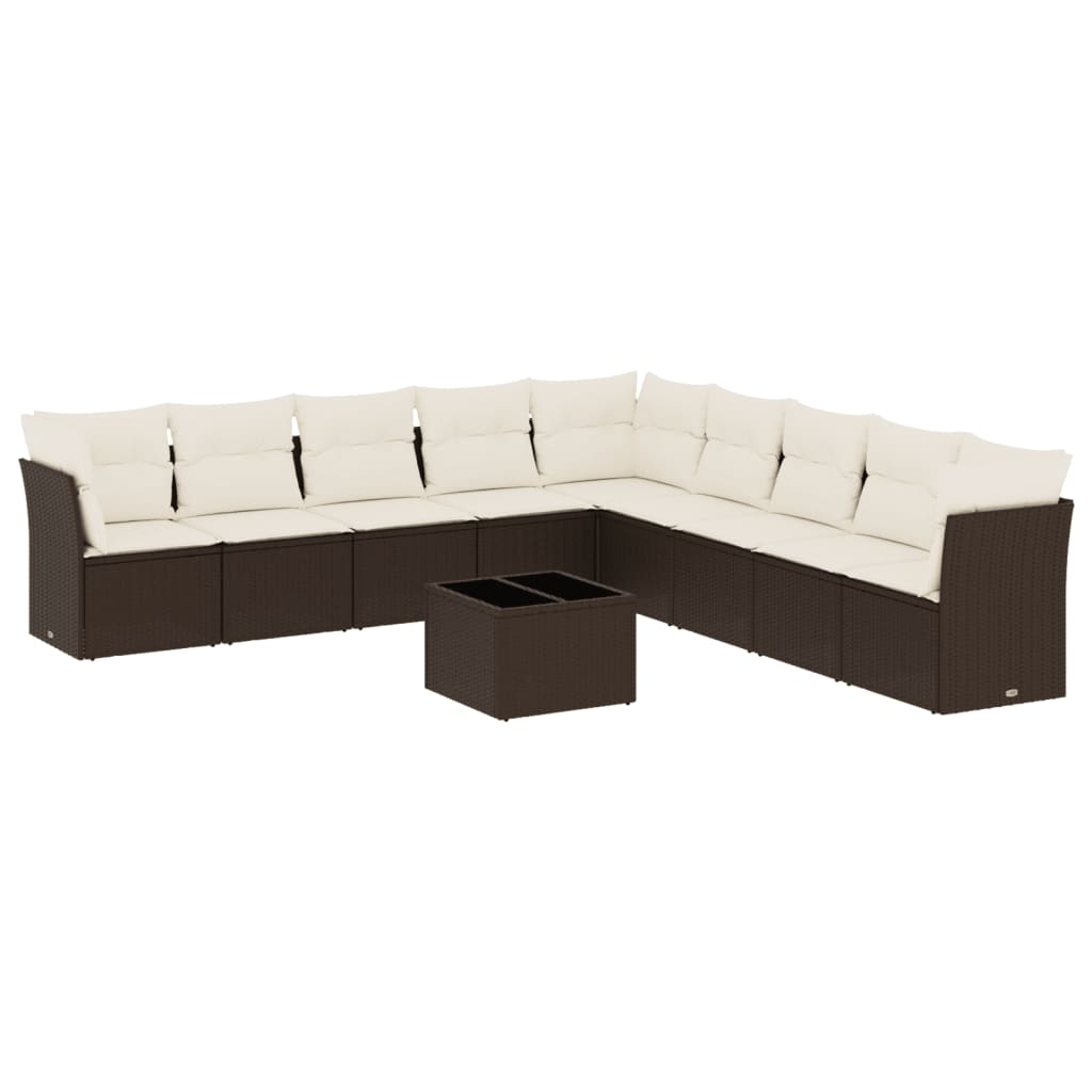 Salon de jardin 10 pcs avec coussins marron résine tressée