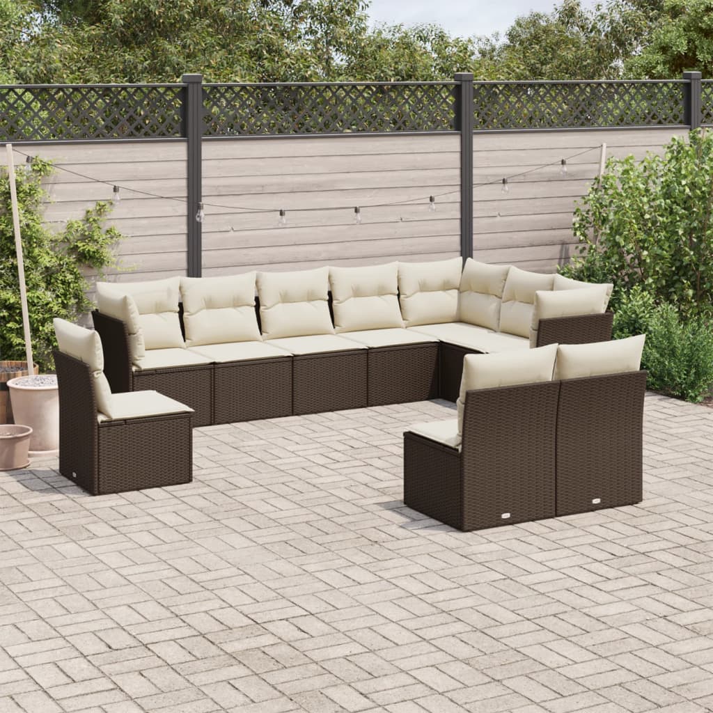 Salon de jardin 10 pcs avec coussins marron résine tressée
