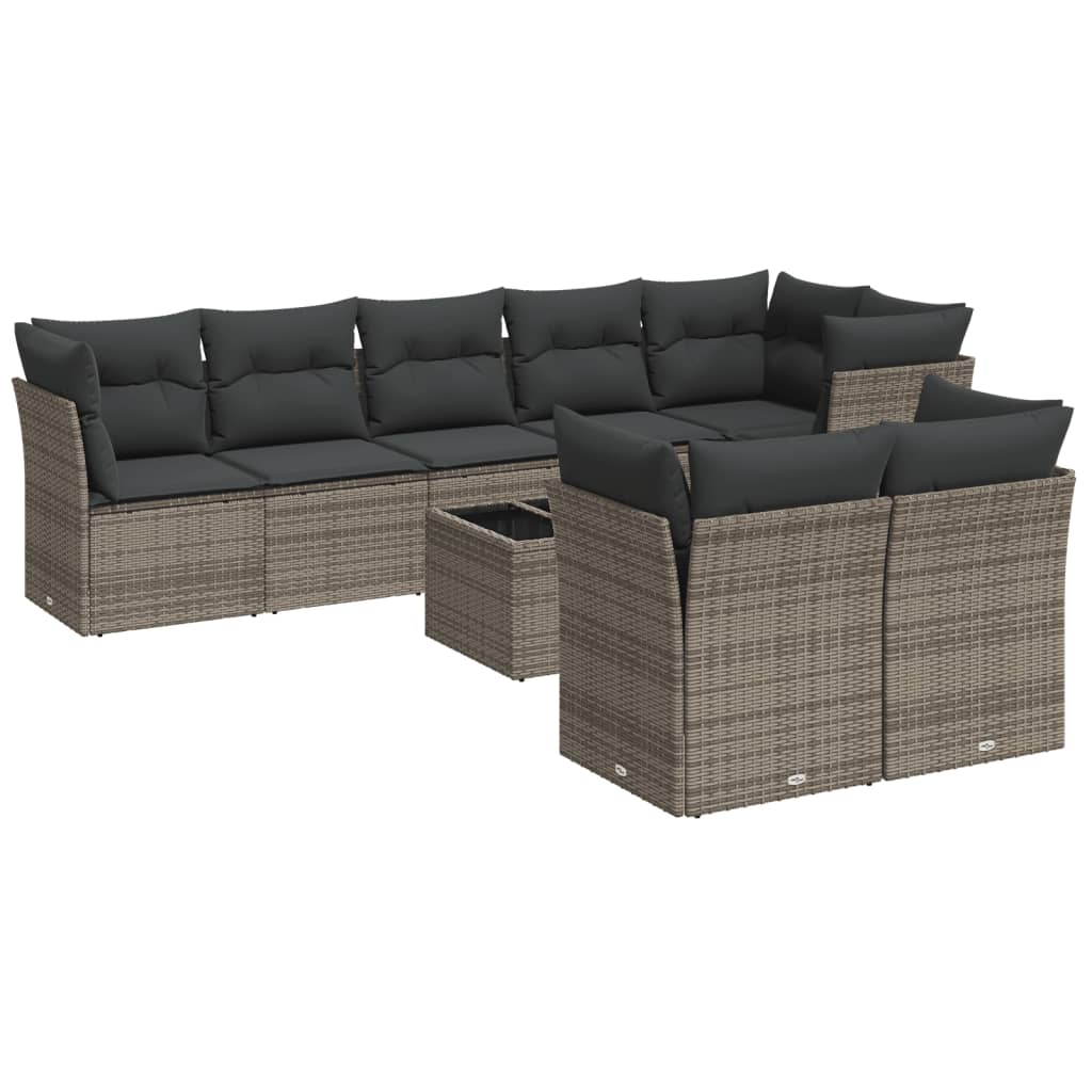 Salon de jardin 9 pcs avec coussins gris résine tressée