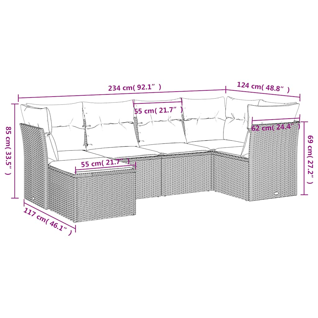 Salon de jardin 6 pcs avec coussins noir résine tressée