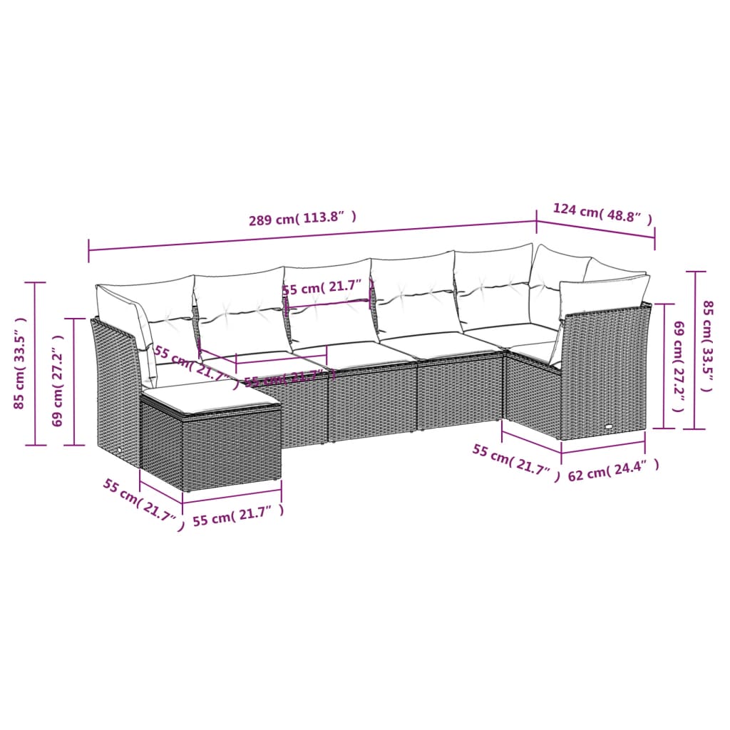 Salon de jardin avec coussins 7 pcs gris résine tressée