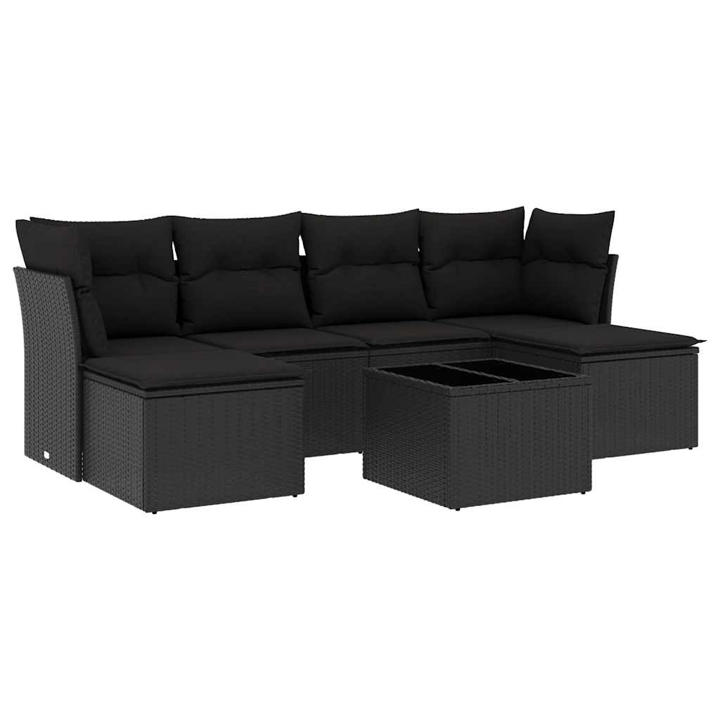 Salon de jardin 7 pcs avec coussins noir résine tressée