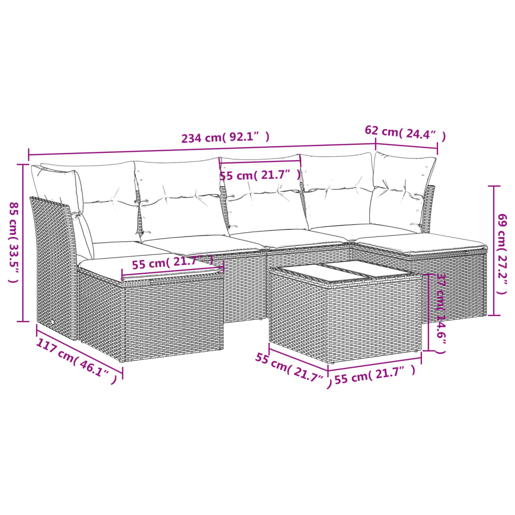 Salon de jardin avec coussins 7 pcs marron résine tressée