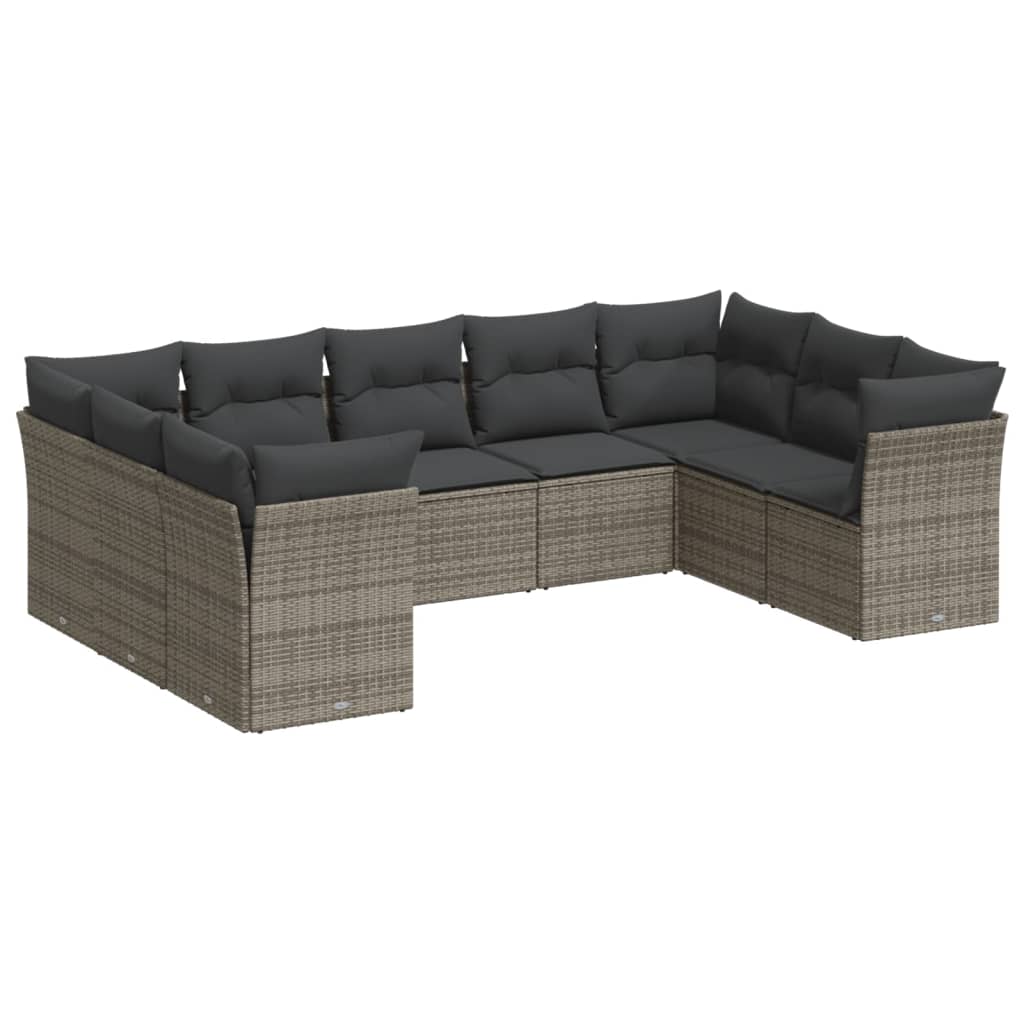 Salon de jardin 9 pcs avec coussins gris résine tressée